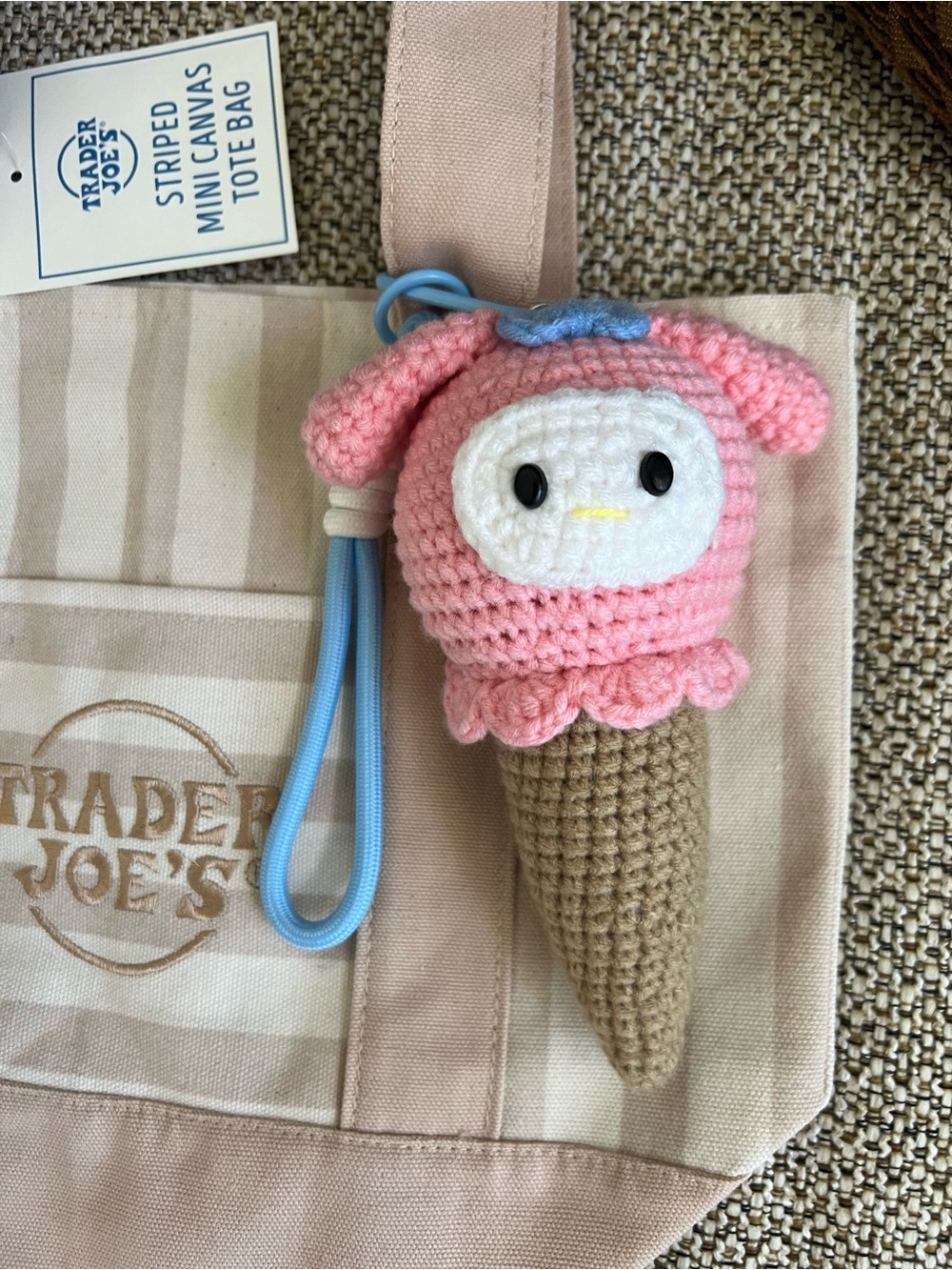 Trader Joe’s Beige Stripe Tote Bag with Ice Cream my melody plush charm - Picture 2 of 3